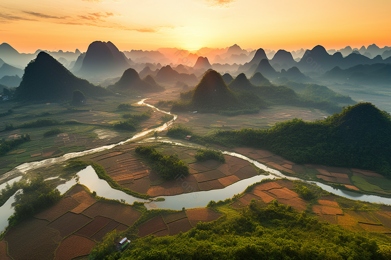 著名景区桂林阳朔翠屏晚霞山脉村落青山绿水自然风景,高清,摄影图,摄影图片,图片大全,摄影图免费下载